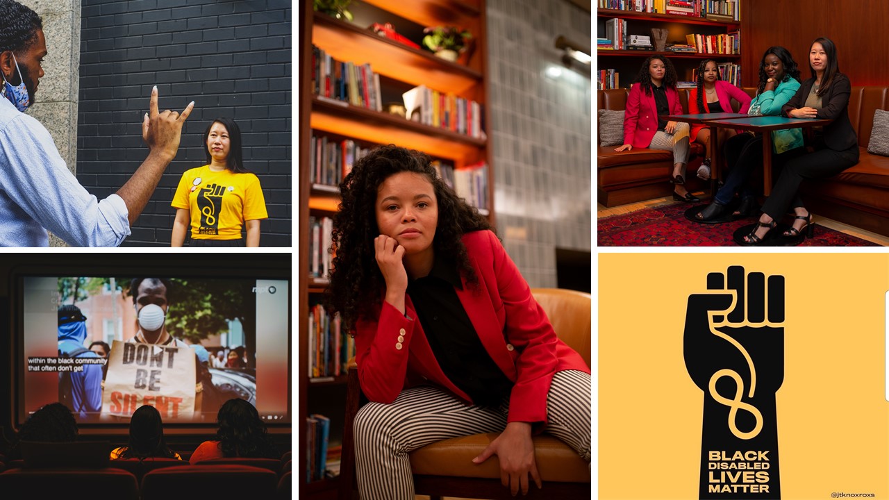 A collage of 5 images of people of color with disabilities. One image is the Black Disabled Lives Matter logo.