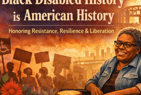 An illustration of a Black disabled wheelchair user who is wearing glasses